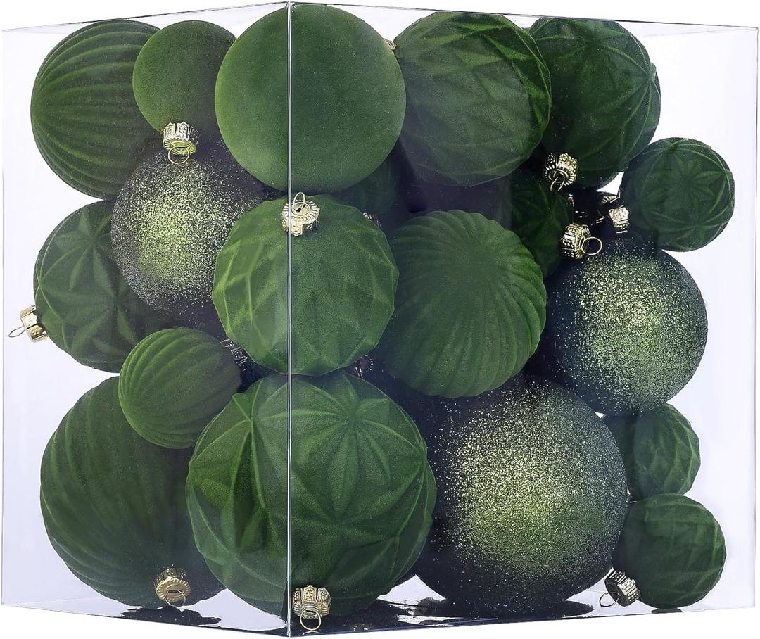 Velvet Christmas Ball Ornaments Avocado Green Christmas Tree Decorations 36pcs Shatterproof Flocked Ornaments Set with 5 Styles in 3 Sizes(Small Medium Large) (Mixed)
