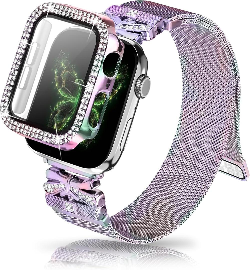 Magnetic Band for Women Compatible with Apple Watch Band 38mm 40mm 41mm 42mm 44mm 45mm 46mm Milanese Stainless Steel Loop with Bling Protective Case, Dressy Metal Strap Replacement iWatch Band (Rainbow)