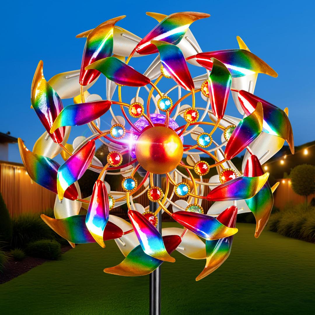 54" H Solar Wind Spinner Outdoor Metal Garden Decor - Kinetic Windmill Yard Art with Color-Changing LED Lights & Sparkling Gemstone - Waterproof Solar Pathway Lights for Lawn, Patio & Garden Gifts
