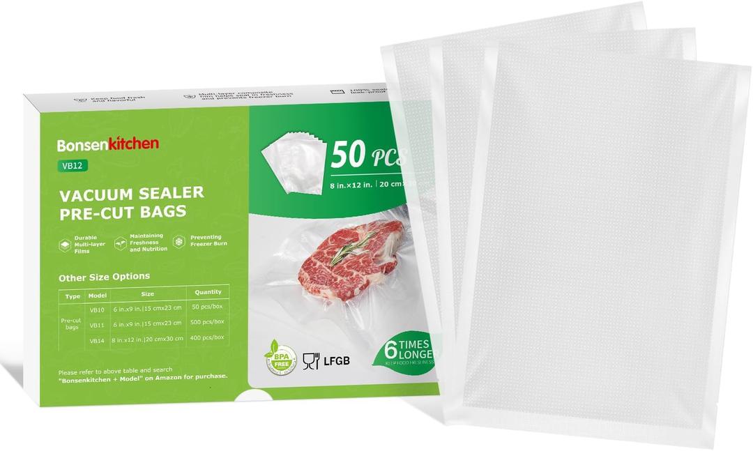 Bonsenkitchen Vacuum Sealer Bags, 50 Quart 8" x 12" Precut Food Sealer Bags, Commercial Grade, BPA Free, Heavy Duty, Customized Size Vacuum Bags for Vac Storage, Meal Prep or Sous Vide Cooking, VB12