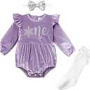 IBTOM CASTLE Baby Girl First Birthday Outfit Fall Winter Velvet Romper Bodysuit Bow Headband Socks Christmas for Cake Smash (12-18 Months, Purple-one)