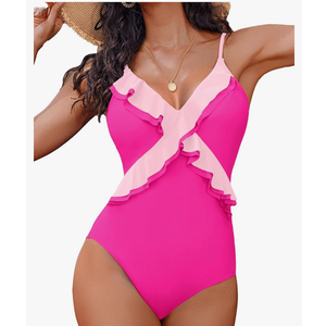AI'MAGE One Piece Swimsuit for Women Tummy Control Ruffle Bathing Suit V Neck Push Up Swimwear XL
