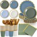 Mimorou 169 Pcs Blue and Sage Green Plates and Napkins Party Supplies for Guests Dusty Blue Tableware Include Scalloped Plates Paper Napkin Cup Spoon Fork Knife for Baby Shower, Wedding, Birthday