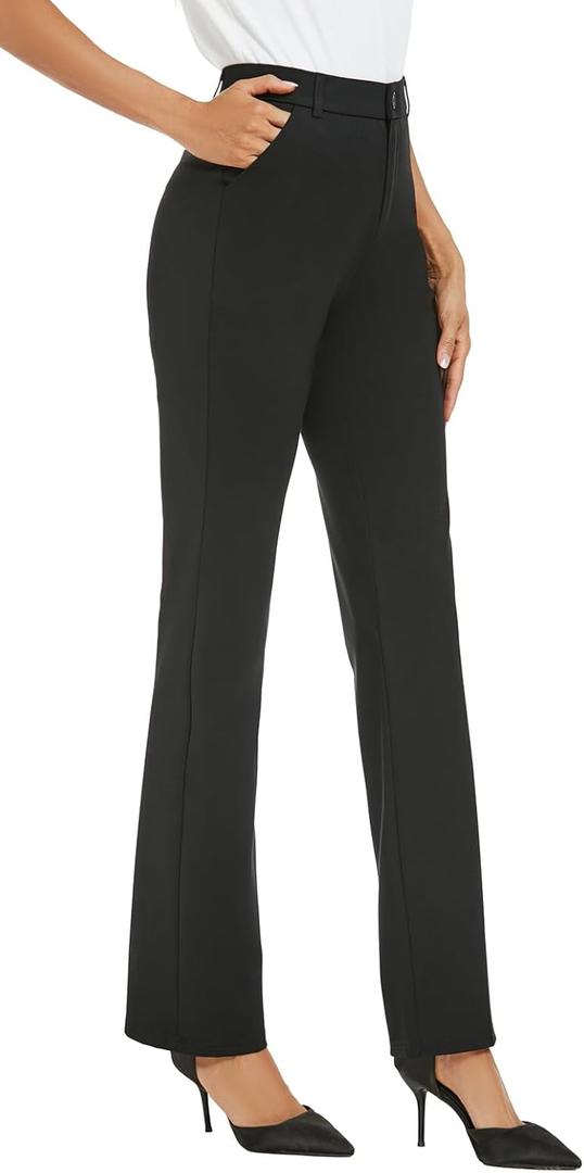 Women's Stretchy Straight Leg Dress Work Pants Business Office Casual Slacks with Pockets (Black)