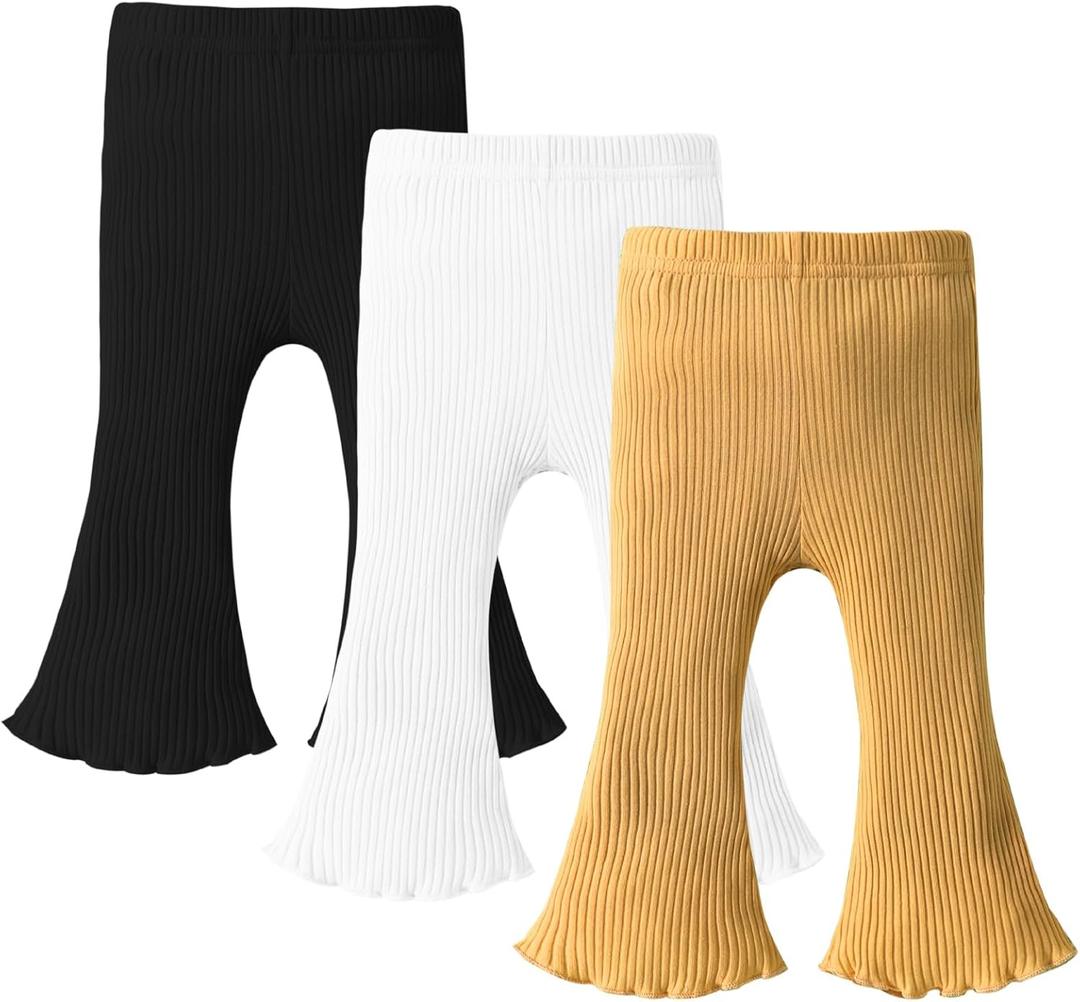 DREAM BUS 3 Pack Baby Girl Pants Toddler Leggings Solid Ribbed Cotton Baby Girls Flare Pants Toddler Bell Bottoms (0-3 Months, #2 Black/White/Yellow)