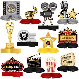 Chinco 12 Pieces Movie Night Party Decorations Supplies Movie Theater Honeycomb Centerpiece 3D Microphone Ticket Star Video Paper Centerpiece Sign Table Decoration for Theater Birthday Party Favors