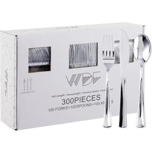 WDF 300 Pieces Silver Plastic Silverware - Plastic Silverware Heavy Duty - 100 Forks 100 Knives 100 Spoons - Disposable Silver Cutlery Perfect for Party/Wedding/Christmas