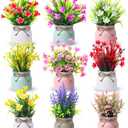 9 Pack Small Artificial Potted Flowers Spring Floral Tables Centerpieces Mini Fake Plastic Plants Flowers in Vase for Spring Indoor Home Office Desktop Decorations