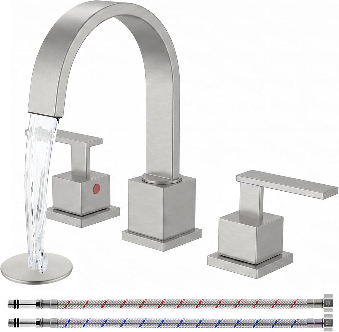 KINGO HOME 3 Hole Widespread Brushed Nickel Bathroom Faucet,Modern Waterfall 8 inch 2 Handle Bathroom Sink Faucet Vanity Bathroom Faucet for Sink 3 Hole with Pop Up Drain and Water Supply Lines