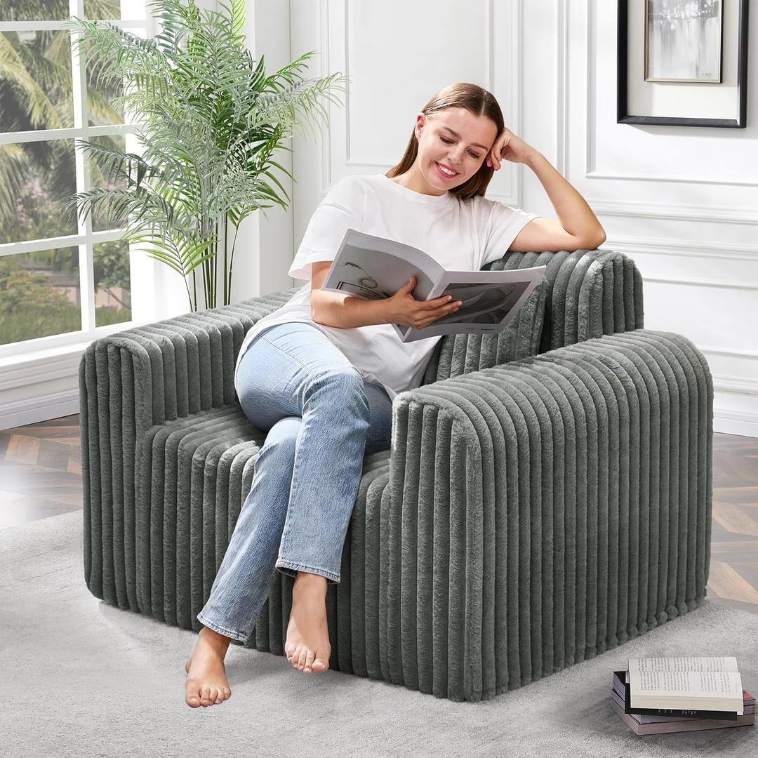 Hobestluk Single Sofa Foam Couch Sofa for Small Spaces Comfy Sofas with Removable Cover Furry Couch with Pillows for Living Room, Bedroom, Apartment, Office (Grey, Standard)