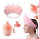 Baby Shower Cap Shield, Baby bath set shower cap/water cup/massage brush,Visor Hat for Eye and Ear Protection for 0-9 Years Old Children,Cute Crown Shape Makes the Baby Bath More Fun (Pink)