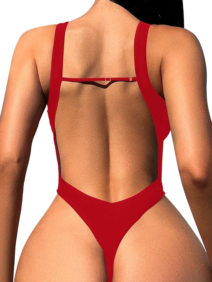 Foxiny Sexy Backless Cheeky High Cut Leg Thong V Neck One Piece Swimsuit Large
