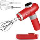Kitchen in the box Cordless Rechargeable Hand Mixer for Kitchen, Portable Handheld Electric Mixer with Beaters, Whisks, 6-Speed Digital Display, Charging Base and USB-C Charge Cable (Cherry Red)