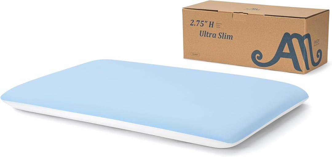 AM AEROMAX 2.75 Inches Queen Size Hyper Slim Memory Foam Pillow for Stomach and Back Sleepers - Thin, Flat Design for Cervical Neck Alignment and Deeper Sleep. (Blue/White)