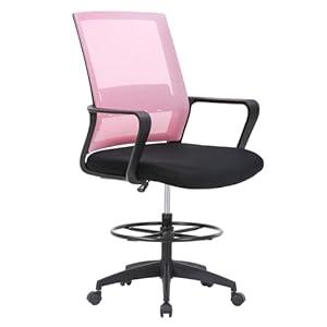 BestOffice Drafting Chair Tall Office Chair Adjustable Swivel Rolling Mesh Height with Lumbar Support Arms Footrest Mid Back for Adults Standing Desk Drafting Stool (Pink)