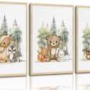3 x 3 Pcs Nursery Woodland Animals Canvas Wall Art Fox Bear Deer Painting Picture Wall Decor Cute Wild Animals Poster Print Artwork For Baby Bedroom Kids Room Home Decoration (16inx24in Unframed)