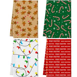 Sratte 4 Pcs Christmas Dish Towels for Kitchen 18x 30 Inch Geometric Quick Dry Microfiber Gingerbread Candy Cane Merry Christmas Tea Towel Absorbent Reusable Xmas Dishcloth for Kitchen Decoration Gift