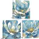 Blue Abstract Canvas Wall Art, 12"x12" Blossoming Floral with Gold Foil Prints - Set of 3 for Living Room, Bedroom, Bathroom