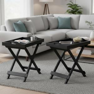 Lavish Home Folding TV Tray Table Set of 2 - Contemporary Side Table with Removable Tray Top for Food Serving, Meals, or Decor in Living Room, Bedroom, or Home Office (Black)