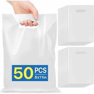 ANZNKU 50 PCS Red Party Favor Bags 8"x11", Goodie Bag for Candy Treat Jewelry Craft Easter Egg, Plastic Gift Bags with Die Cut Handles for Birthday, School Events & Small Business, Wedding