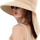 Womens Sun Hat Wide Brim with Ponytail Hole Neck Flap Outdoor UV Protection Foldable Fishing Cap UPF 50+ (Beige)