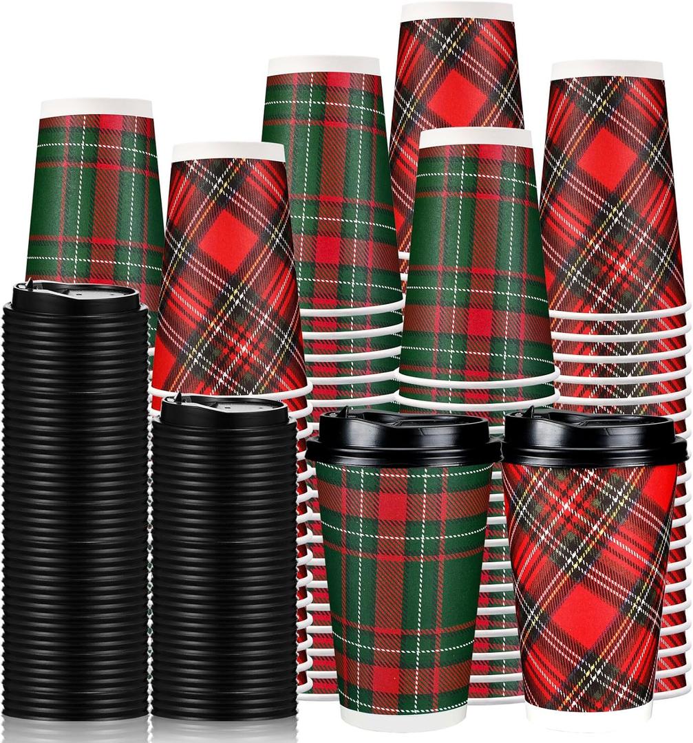 60 Pack 16 oz Christmas Disposable Coffee Cups Set Plaid Paper Cups with Lids Xmas Buffalo Check Decor for Hot Cold Drinks Tea Hot Chocolate Hot Cocoa Holiday Party Supplies(Red and Green Plaid)