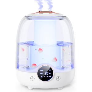 Humidifiers for Bedroom, 3L Tank for 30H 20dB Quiet Mist Time, Dual Nozzles, LED Lights, Smart Timer (2/4/8 Hours), Auto Shut-Off, Perfect for Baby and Large Rooms (White)