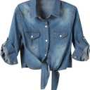 Omoone Women's 3/4 Sleeve Denim Crop Top Tie Knot Shirt Cardigan, Small