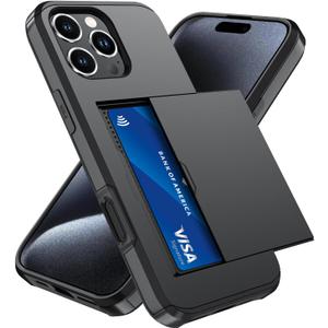 Qinmay Compatible with iPhone 15 Pro Case with Card Holder, Dual Layer Shockproof,Heavy Duty Protective Hidden Slot Slim Wallet Phone CoverBlack