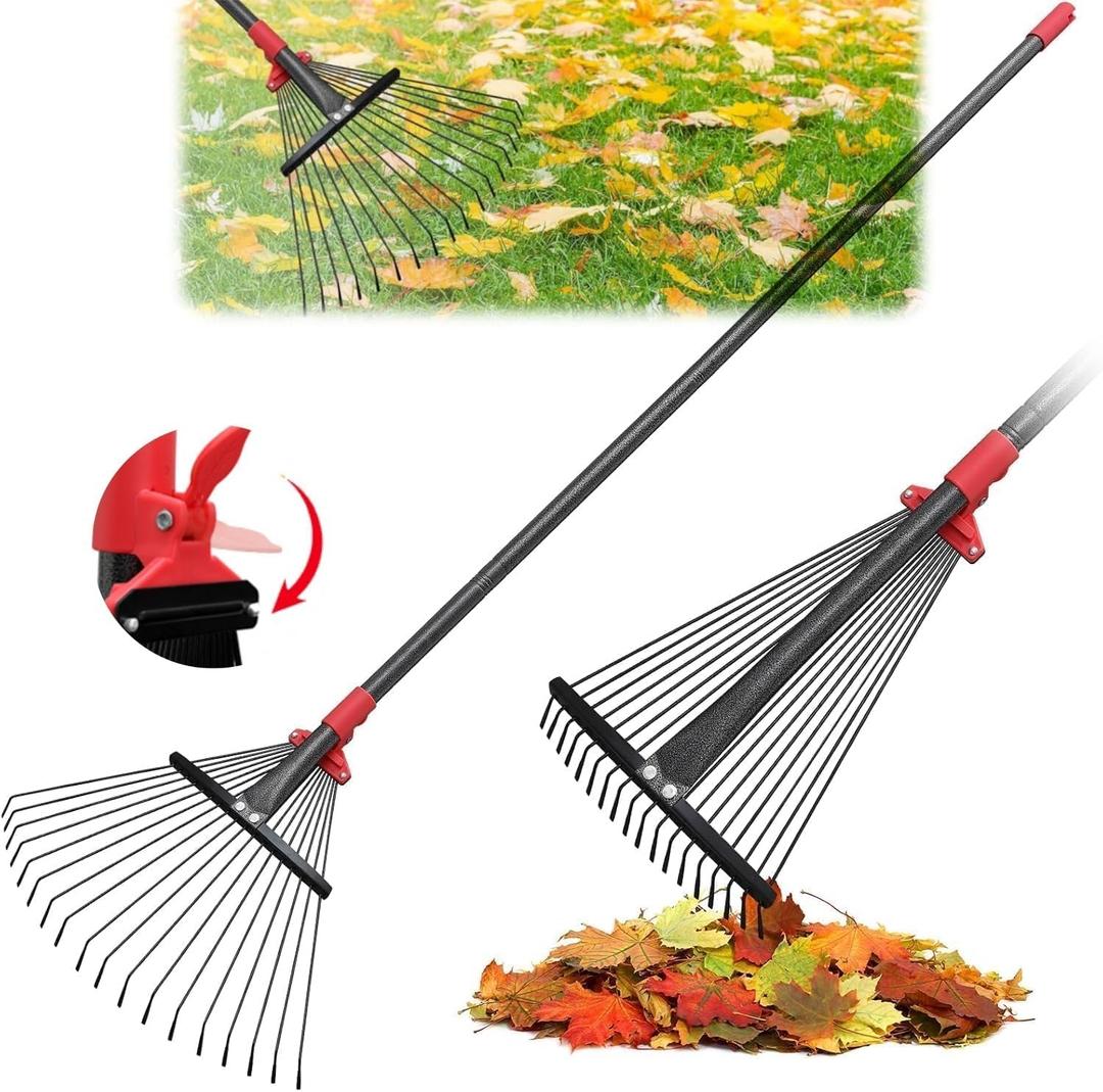 TAILERNRUYE 76 Inch Rake for Leaves, Adjustable 18 Metal Tines with Expandable Head Garden Rakes for Lawns Heavy Duty Metal Rake for Leaves Yard Gardening Grass Outdoor Debris
