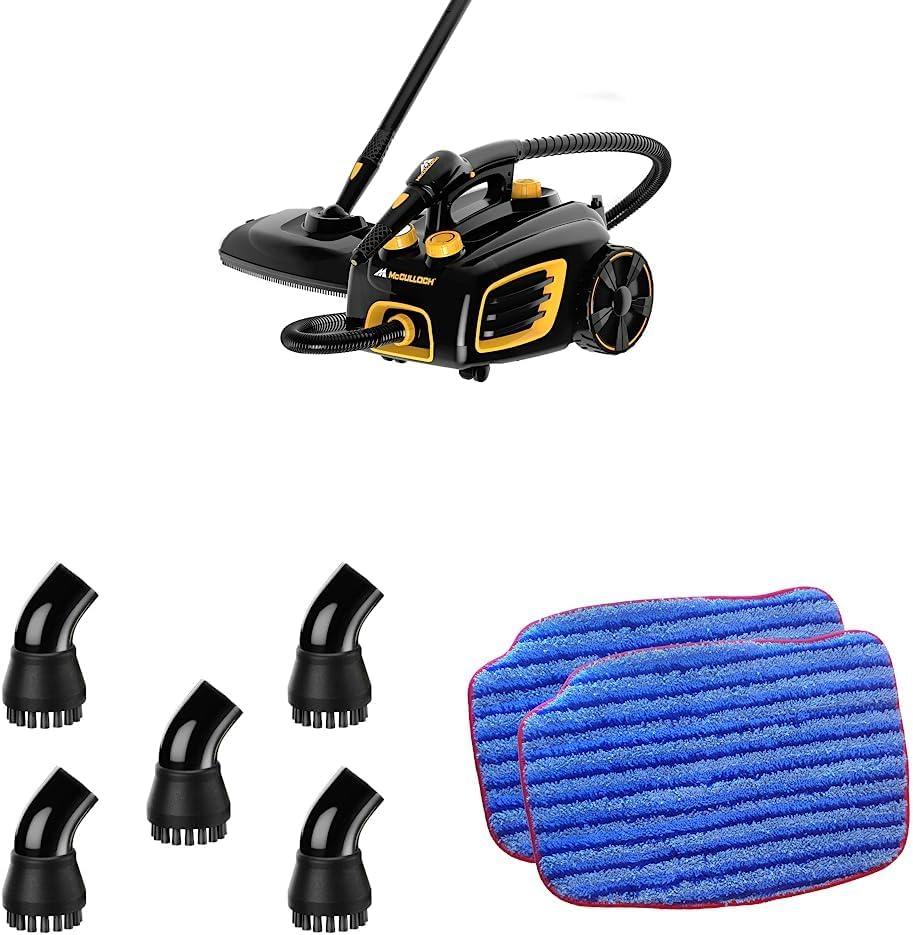 McCulloch MC1375 Canister Steam Cleaner with 20 Accessories & A1230-005 Nylon Utility Brush (5 Pack) & A1375-101 Replacement Scrubbing Microfiber Mop Pad for MC1375, MC1385, 2-Pack