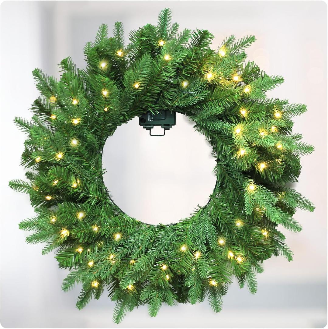 Pre-lit Artificial Christmas Wreath with 60 LED Lights and Timer, Battery Powered - Green 24 Inch