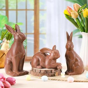 Suzile 3 Pcs Large Chocolate Themed Decorative Ceramic Brown Easter Bunny Rabbit Figure 9" 7.4" 4" Porcelain Easter Figurine Spring Home Living Room Table Kitchen Dinner Table Tabletop Indoor Decor