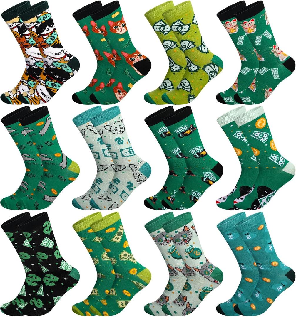 Bonuci 12 Pairs Funny Money Socks for Men Women Novelty Cat Dollar Pattern Crazy Crew Dress Socks for Men Christmas Stock Market Lover Gifts