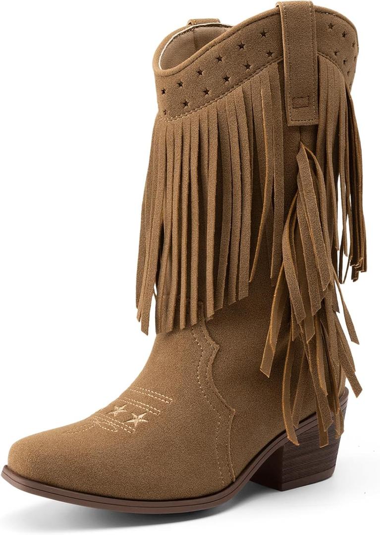 DREAM PAIRS Girls Cowboy Boots with Tassel Fringe Cowgirl Boots Kids Western Boots Stylish & Comfortable (5 Big Kid, Brown)