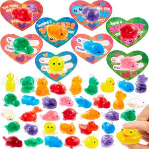 JOYIN 36 Packs Valentines Day Heart Gift Cards with Jelly Mochi, Mini Critter Sea Animals Squeeze Balls, Stress Relief Fidget for Valentines Party Favors and Exchange
