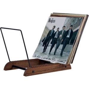 Extra-Large Vinyl Record Storage Holder Modern Album Display Solid Wood Stand with Black Metal Rack Home Decor Organizer for Vinyl Record, Holds up to 75 Albums, 14.2''L x 8.1''W x 10.7''H