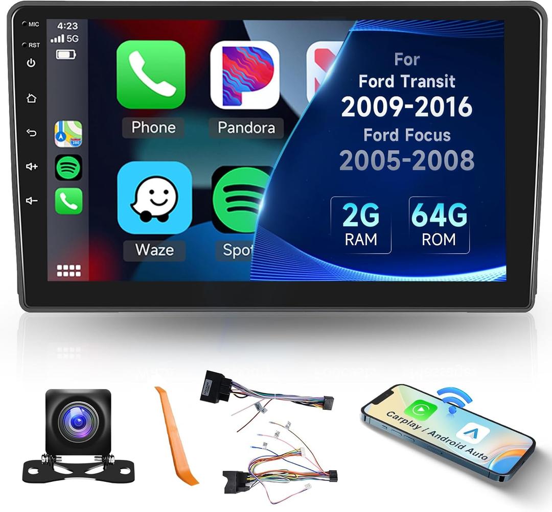 2G+64G for Ford Transit 2009-2016/Ford Focus 2005-2008 Car Radio Wireless Carplay/Android Auto,Android Car Stereo 9 Inch Touch Screen GPS Navigation WiFi Bluetooth FM/RDS Mirror Link SWC Backup Camera