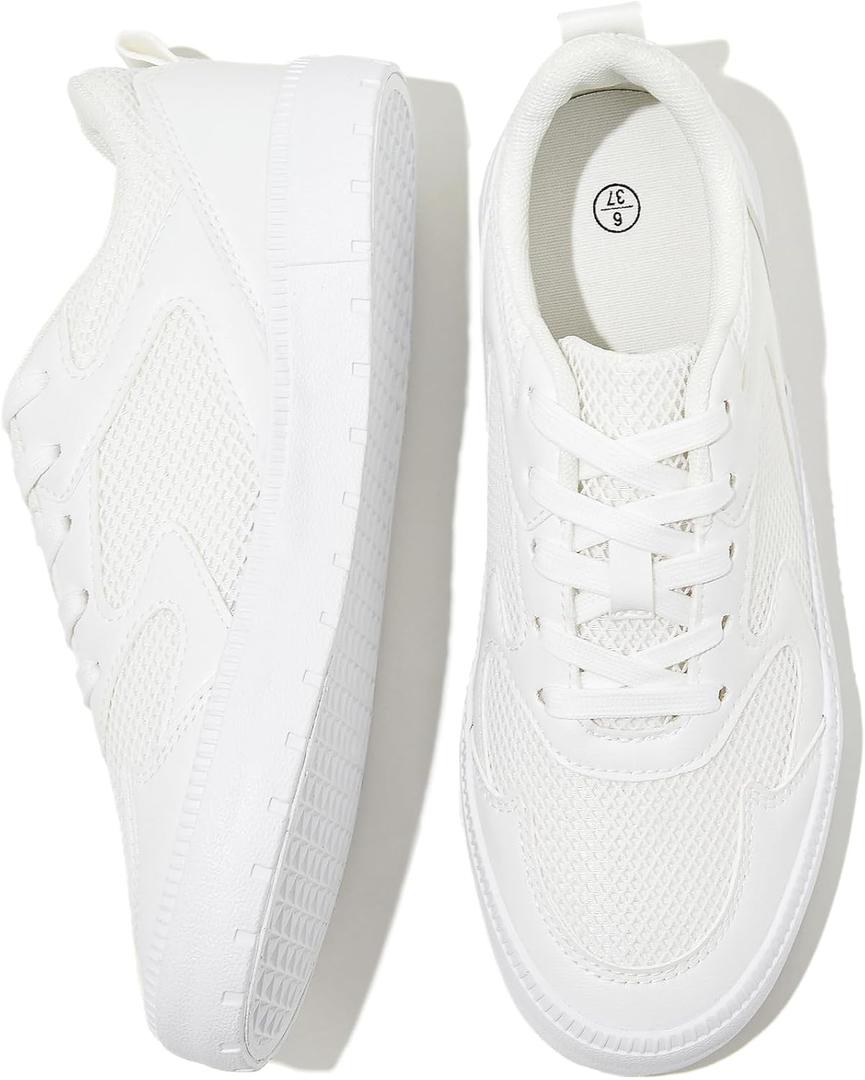 FRACORA Womens White Tennis Shoes Low Top PU Leather Sneakers Lace Up Walking Shoes(White, US9)