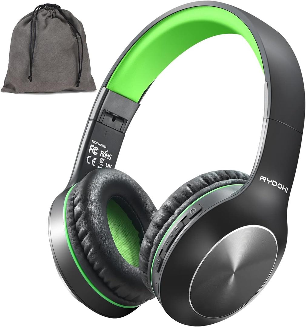 Rydohi Bluetooth Headphones Over Ear, 68H Playtime 3 EQ Music Modes Wireless Headphones with Microphone/Deep Bass, HiFi Stereo Foldable Headset for PC Home Travel Office (Black/Green)