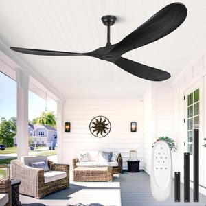 Haipeel 72 Inch Wood Ceiling Fan no Light, Large Ceiling Fans without Lights and Remote Control, Modern Black Indoor Outdoor Ceiling Fan no Light Propeller for Patios Garage High cfm ETL, Matte Black
