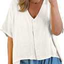 Tankaneo Womens Shirt Tops Batwing Short Sleeve Blouse Summer Casual Oversized V Neck Button Down Shirts (White, XL)