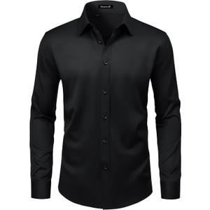 Mens Wrinkle Free Dress Shirts Regular Fit Long Sleeve Non Iron Business Casual Wedding Stretch Button Down Shirt (Black) XL