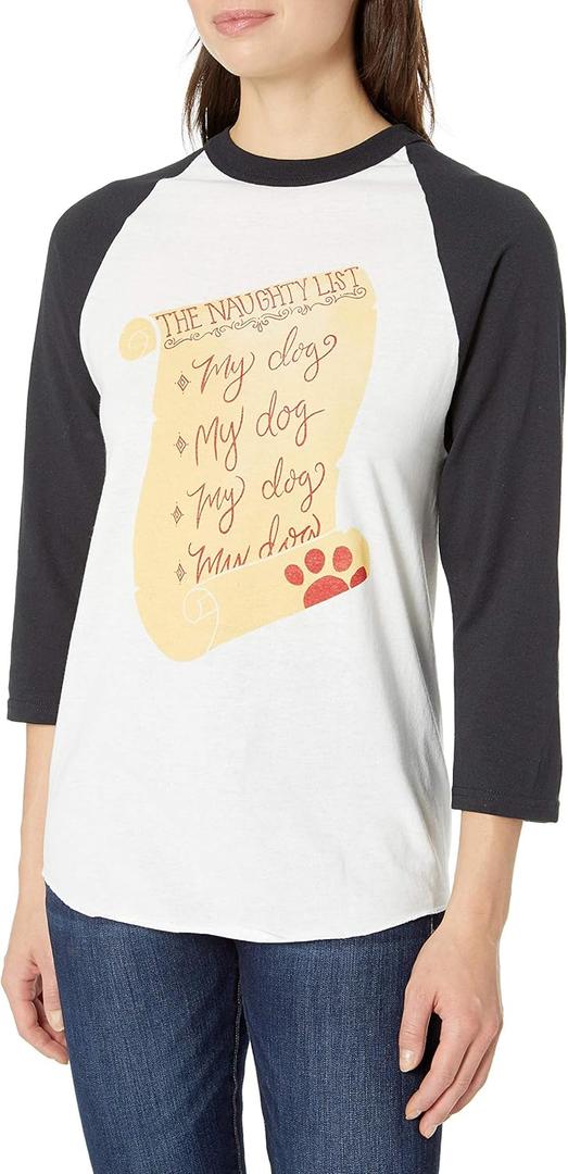 Soffe Women's Funny Novelty Christmas Sloga Raglan-My Dog is on The Naughty List (White, M)