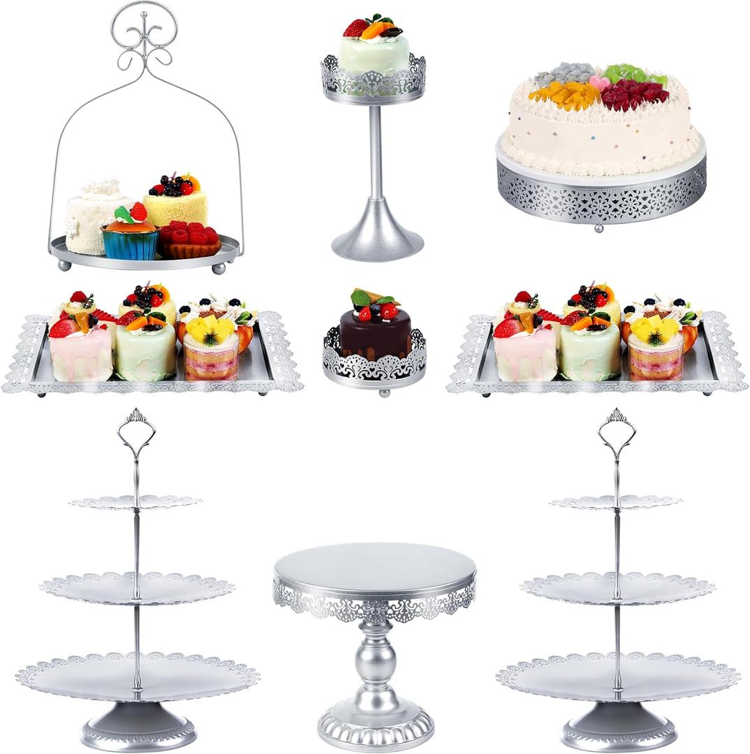 ZUMELER Silver Cake Stand Cupcake stand Dessert Table Display Set 3 Tiered Tray Cookie Candy Display Tower Serving Platters for Baby Shower Wedding Treat Tea Party 9 Pcs Metal