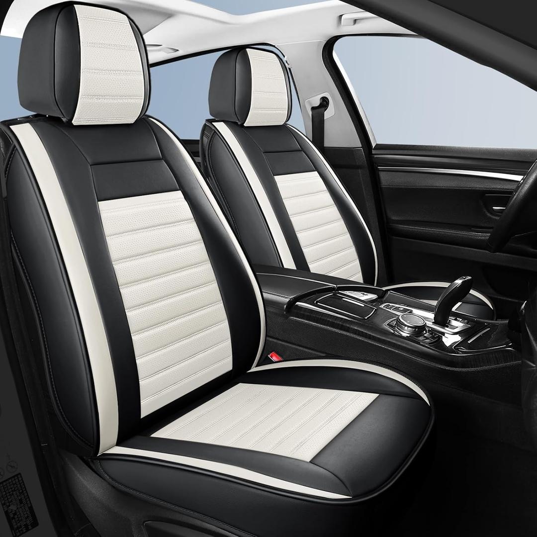HChengkikz Car Seat Covers Front Pair, Breathable Nappa Leather Seat Covers for Cars, Universal Auto Interiors Car Seat Cushions for Most Sedans SUV Truck (2 PCS Front Seat, Black + Cream)