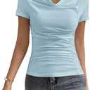 SOLY HUX Women's Cowl Neck Ruched Short Sleeve T Shirt Summer Solid Tee Tops (Blue, L)