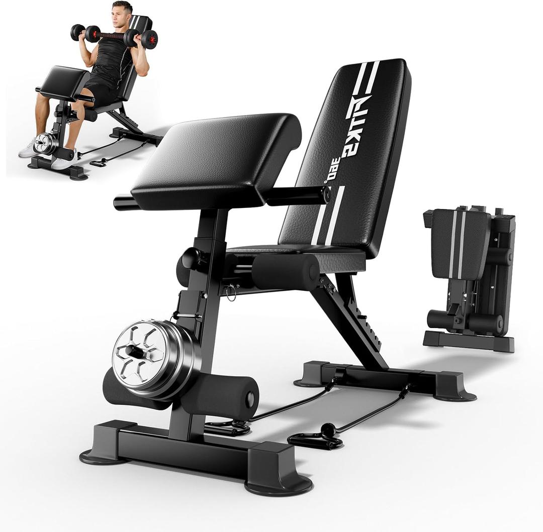 3-in-1 Adjustable Weight Bench with Leg Extension & Preacher Curl, Heavy-Duty 700LB Foldable Utility Bench for Full Body Workout, No-Installation Portable Incline/Decline/Flat Strength Training Bench for Home Gym, Medium