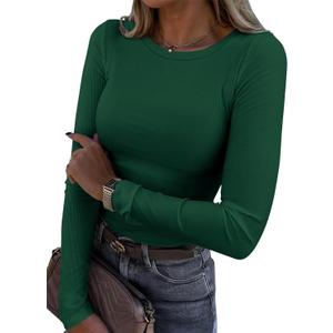 Roselux Womens Long Sleeve Stretch Crewneck Ribbed T-Shirt Fitted Casual Basic Tops (Large, Dark Green)