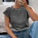 Women's Fashion Vests Crew Neck Striped Knit Short Sleeve Top (Black)